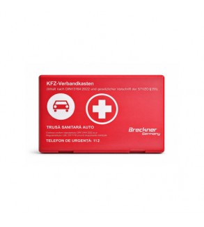 Trusa medicala auto de prim ajutorÂ cutie plastic rosieÂ conform DIN13164-2022Â Â 